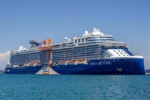 image of Celebrity Beyond cruise ship featuring clear blue skies and water