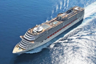 Aerial view of MSC Armonia of the top deck cruising through the calm waters
