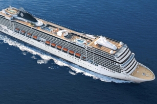 Aerial view of MSC Poesia cruise ship from above showing the top deck 