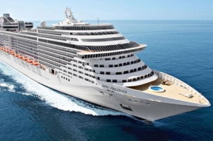 image from the front of the MSC Preziosa cruise ship revealing the calm waters and blue skies