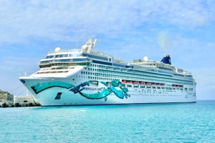 Image of Norwegian Jade cruise ship docked at a port featuring the clear blue skies