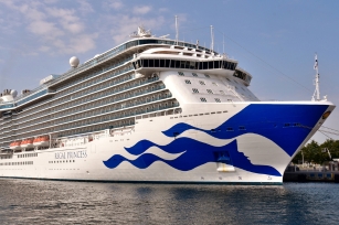close up of the Regal Princess cruise ship featuring the blue skies in the background