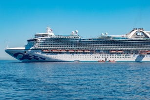 Image of Ruby Princess cruise ship featuring the clear blue sky and clear blue sea