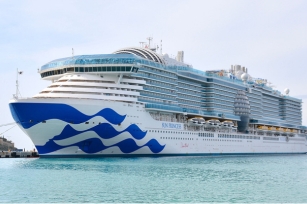 image featuring Sun Princess cruise ship docked on the port featuring the clear blue waters 